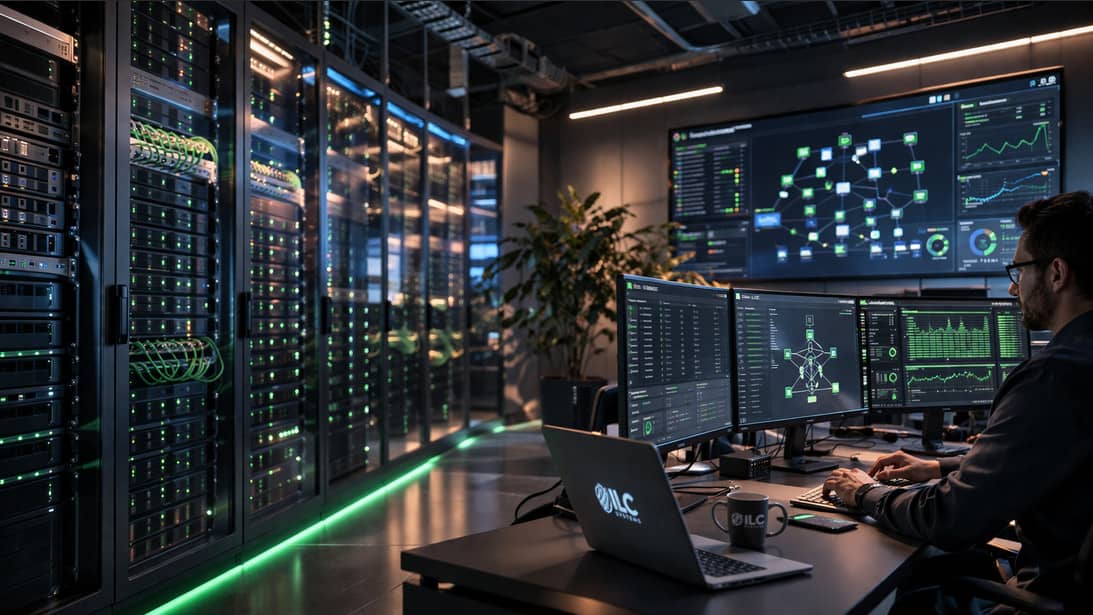 ILC Systems operations centre with server infrastructure and monitoring displays